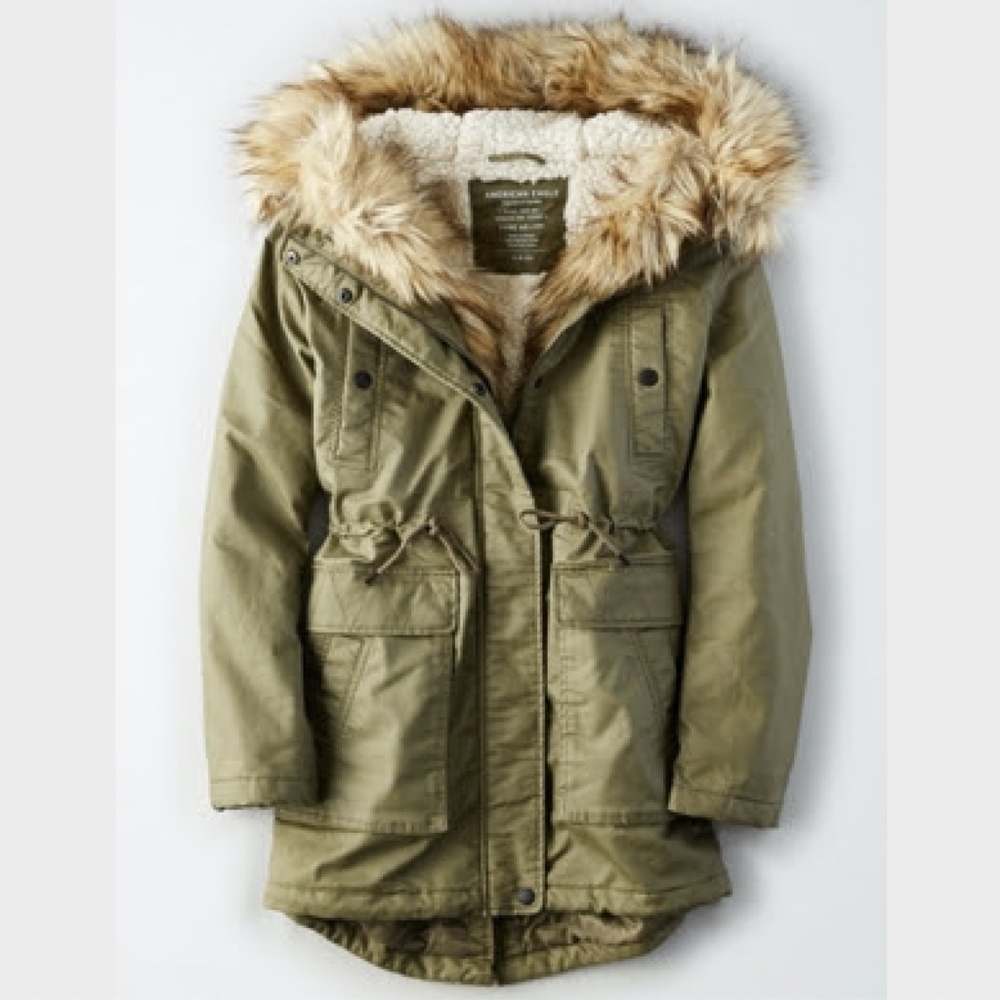 AE American Eagle Faux Fur Hooded Parka Coat Olive Green XXS